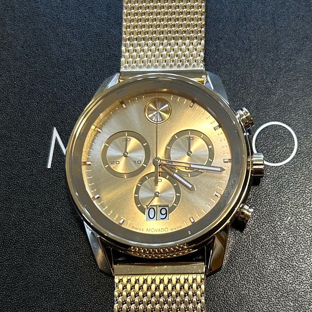 Movado Bold Verso Watch With 48mm Golden Chronograph Face & Golden MeshB…